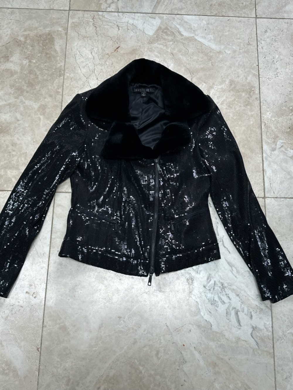 Lafayette 148 Black sequin fur collar Blazer Jacket size 4